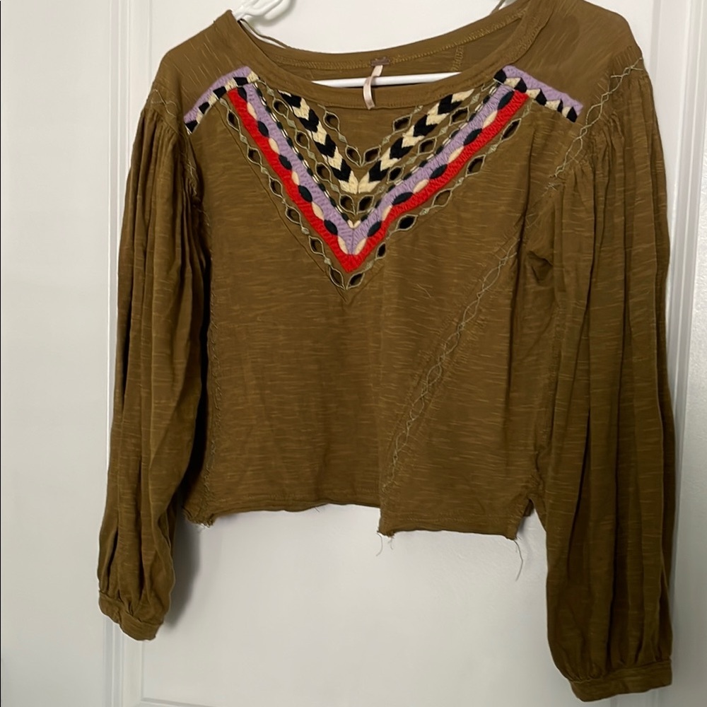 Free People Brown and Green Embellished Crop Blouse